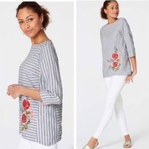 J. Jill Linen Floral Embroidered Blue Striped Shirt. Women’s Size S Petite